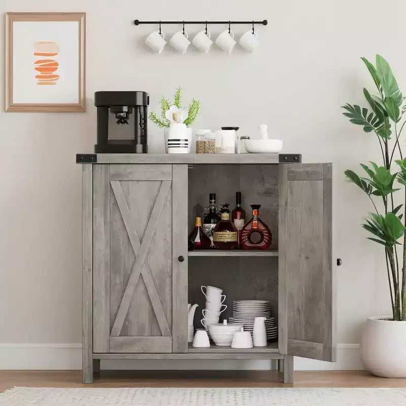 Buffet bahut de ferme 76 cm | 2 portes | Étagère réglable | Chêne blanc américain / Marron et blanc / Chêne foncé / Gris