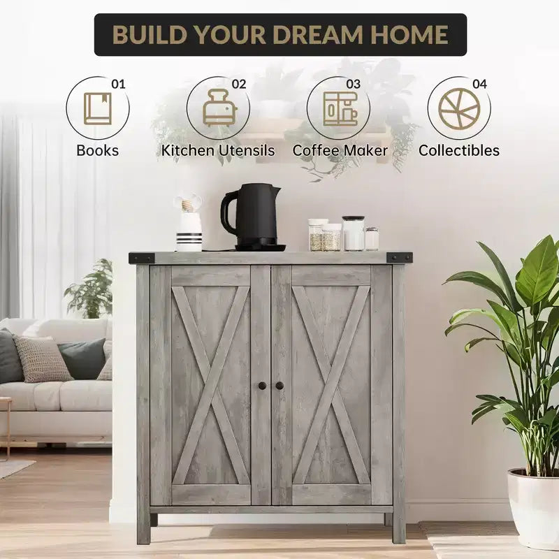 Buffet bahut de ferme 76 cm | 2 portes | Étagère réglable | Chêne blanc américain / Marron et blanc / Chêne foncé / Gris