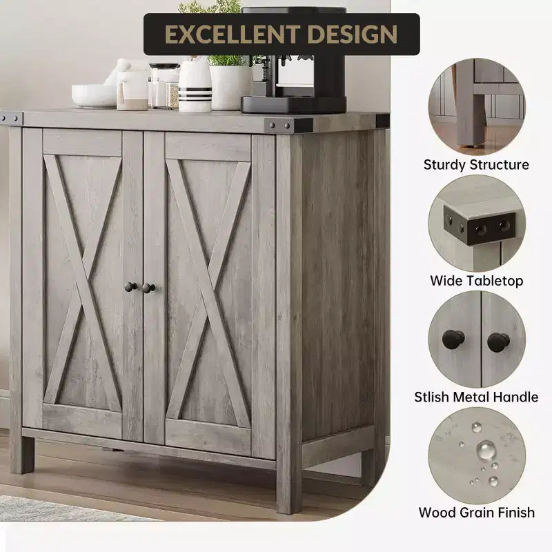 Buffet bahut de ferme 76 cm | 2 portes | Étagère réglable | Chêne blanc américain / Marron et blanc / Chêne foncé / Gris