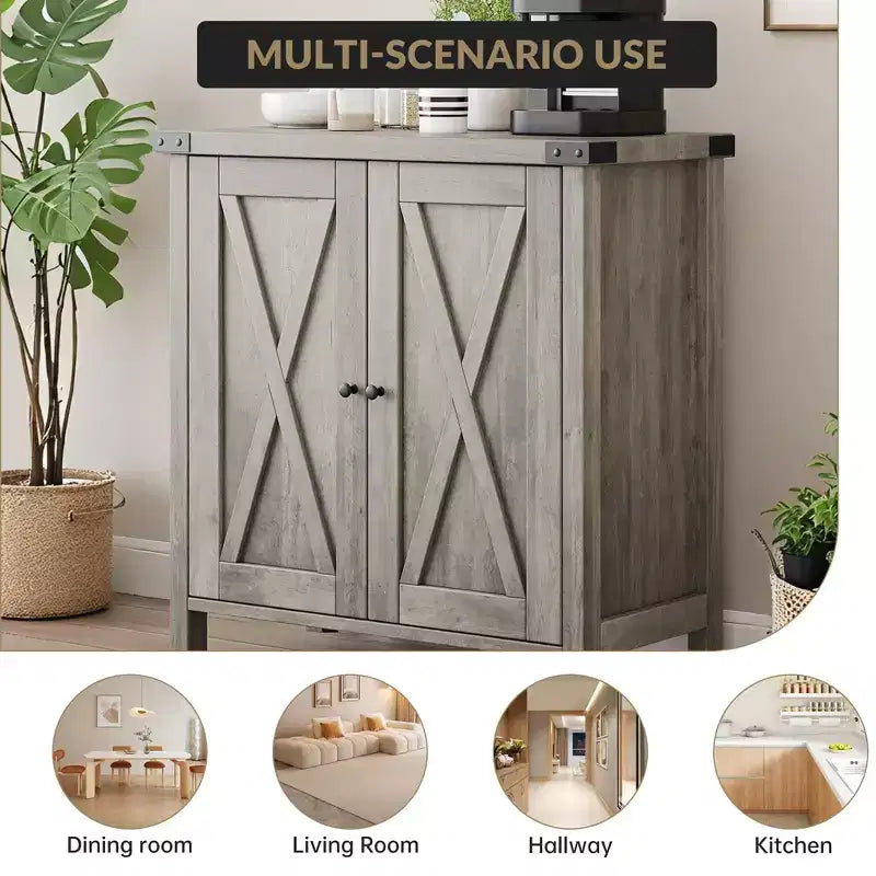 Buffet bahut de ferme 76 cm | 2 portes | Étagère réglable | Chêne blanc américain / Marron et blanc / Chêne foncé / Gris