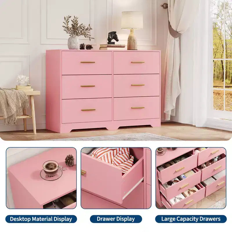 Commode 6 tiroirs, Noir/Rose/Blanc/Grain de bois | Style moderne | Pour 1