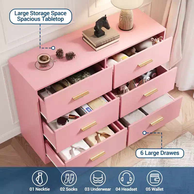 Commode 6 tiroirs, Noir/Rose/Blanc/Grain de bois | Style moderne | Pour 1
