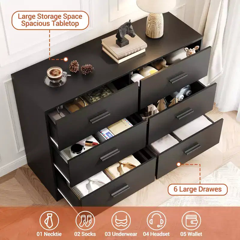 Commode 6 tiroirs, Noir/Rose/Blanc/Grain de bois | Style moderne | Pour 1