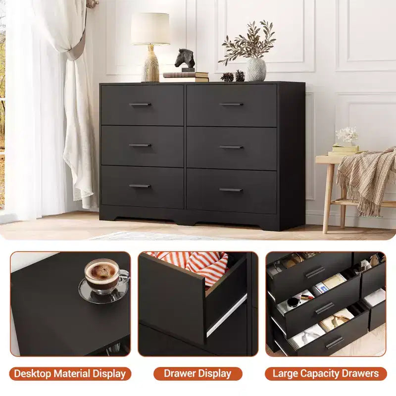 Commode 6 tiroirs, Noir/Rose/Blanc/Grain de bois | Style moderne | Pour 1