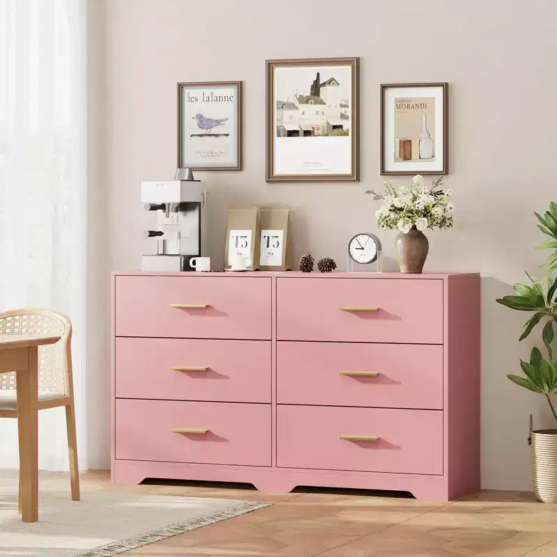 Commode 6 tiroirs, Noir/Rose/Blanc/Grain de bois | Style moderne | Pour 1