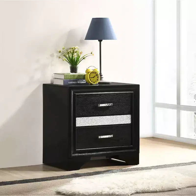 Table de chevet noire/blanche à 2 tiroirs avec poignées en strass, pour 1
