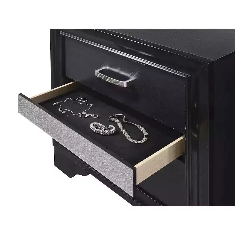 Table de chevet noire/blanche à 2 tiroirs avec poignées en strass, pour 1