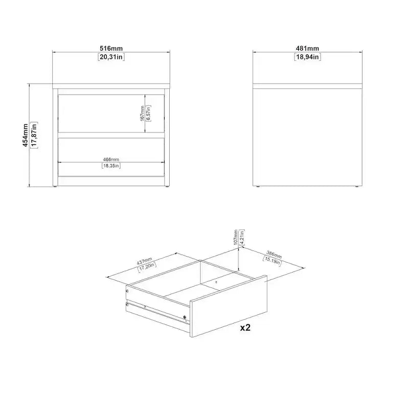 Table de chevet 2 tiroirs, Jackson Hickory/Blanc brillant et blanc, Unité
