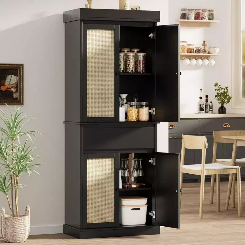 Armoire haute de rangement noire en rotin avec tiroir et étagères réglables, montage par 1 personne, autoportante