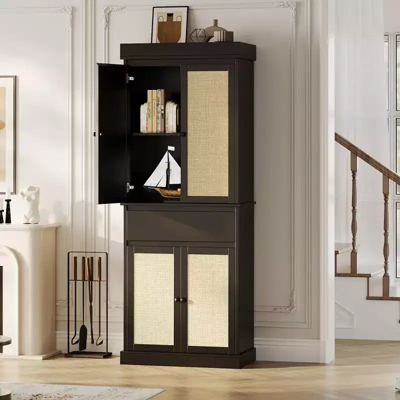 Armoire haute de rangement noire en rotin avec tiroir et étagères réglables, montage par 1 personne, autoportante