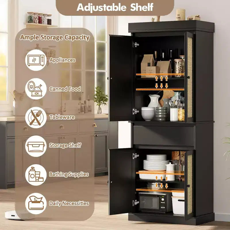 Armoire haute de rangement noire en rotin avec tiroir et étagères réglables, montage par 1 personne, autoportante
