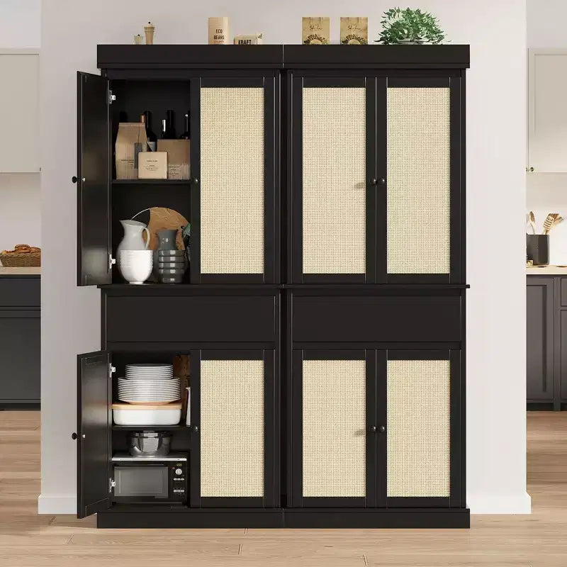 Armoire haute de rangement noire en rotin avec tiroir et étagères réglables, montage par 1 personne, autoportante