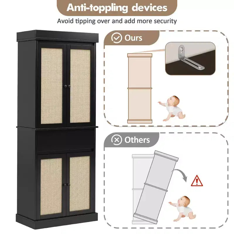 Armoire haute de rangement noire en rotin avec tiroir et étagères réglables, montage par 1 personne, autoportante