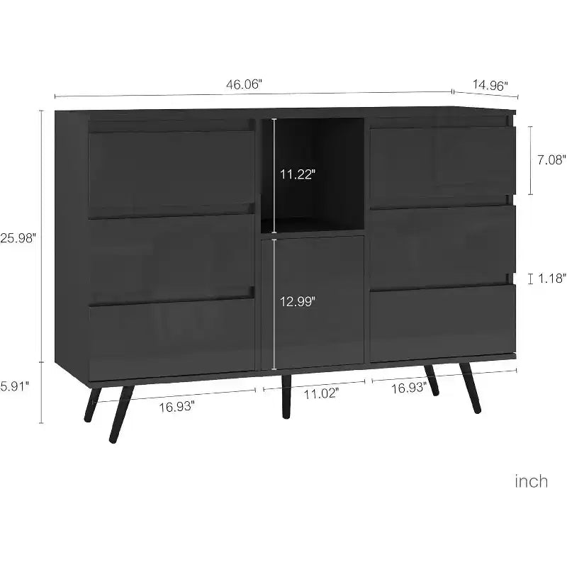 Buffet blanc brillant avec éclairage LED – 6 tiroirs, 1 porte