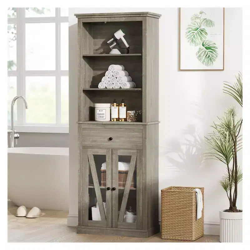Armoire de rangement haute gris autoportante avec étagères réglables, utilisation par 1 personne