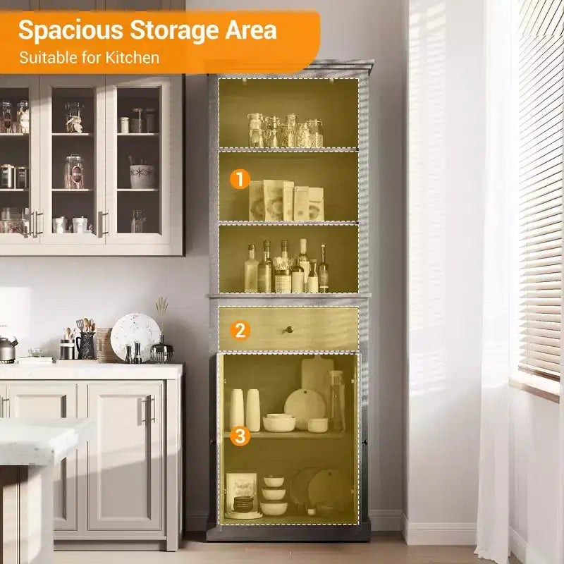 Armoire de rangement haute gris autoportante avec étagères réglables, utilisation par 1 personne