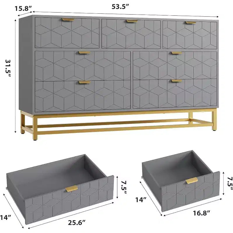 Commode à 7 tiroirs grise et blanche avec poignées dorées, en MDF, 136 cm de large