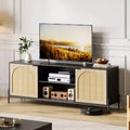 Rattan TV Stand for TV up to 75 Inches, Mid Century Modern TV Console Table with 2 Cabinets and 2 Open Compartments for Bedroom Black