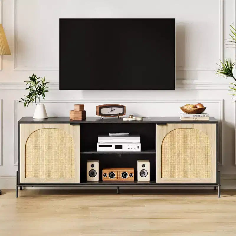 Meuble TV en rotin chêne noir, style mid-century, convient aux TV jusqu'à 75 pouces, montage par 1 personne
