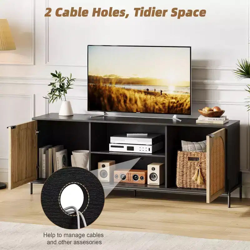 Meuble TV en rotin chêne noir, style mid-century, convient aux TV jusqu'à 75 pouces, montage par 1 personne