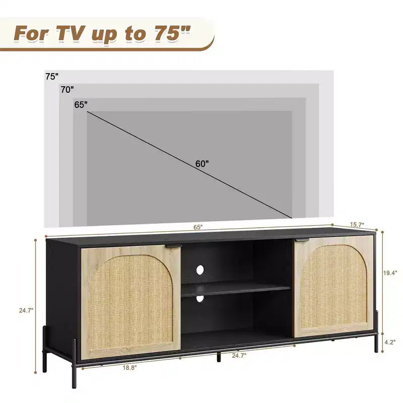 Meuble TV en rotin chêne noir, style mid-century, convient aux TV jusqu'à 75 pouces, montage par 1 personne