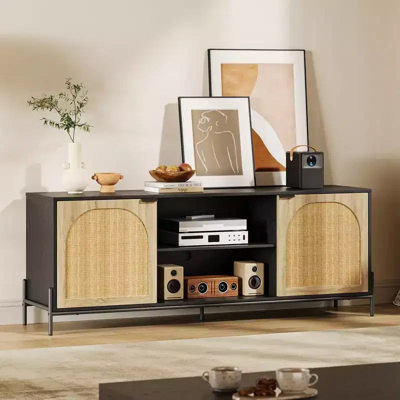 Meuble TV en rotin chêne noir, style mid-century, convient aux TV jusqu'à 75 pouces, montage par 1 personne