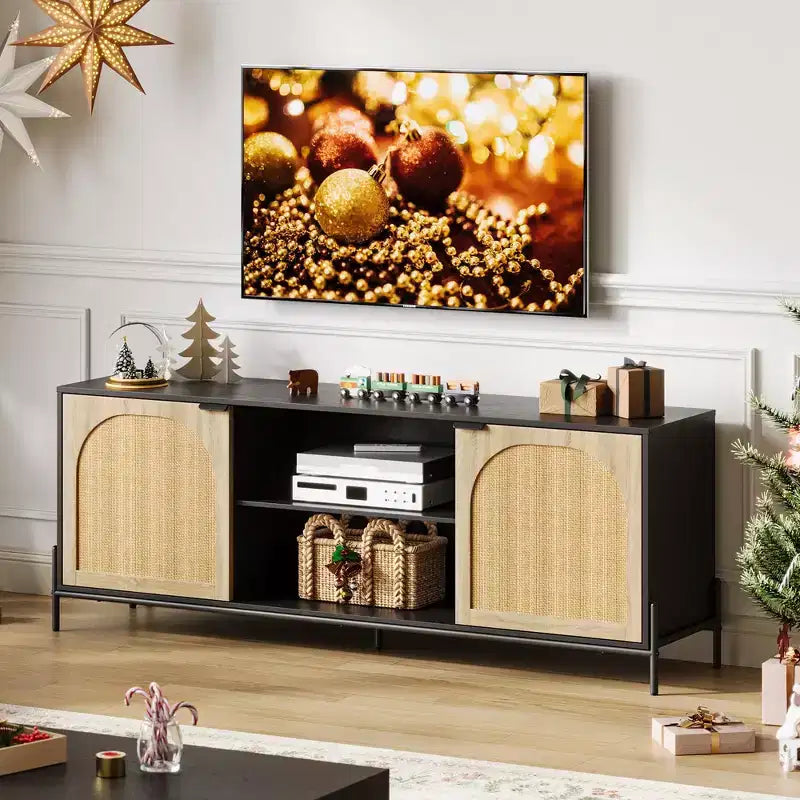 Meuble TV en rotin chêne noir, style mid-century, convient aux TV jusqu'à 75 pouces, montage par 1 personne