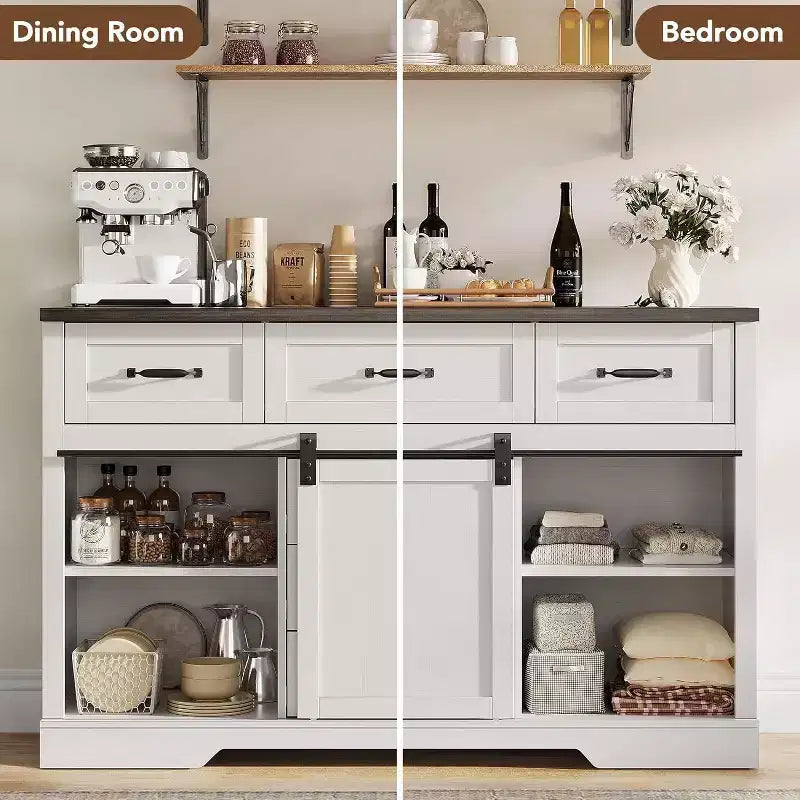 Commode 6 tiroirs blanc et marron avec portes coulissantes – 1 personne