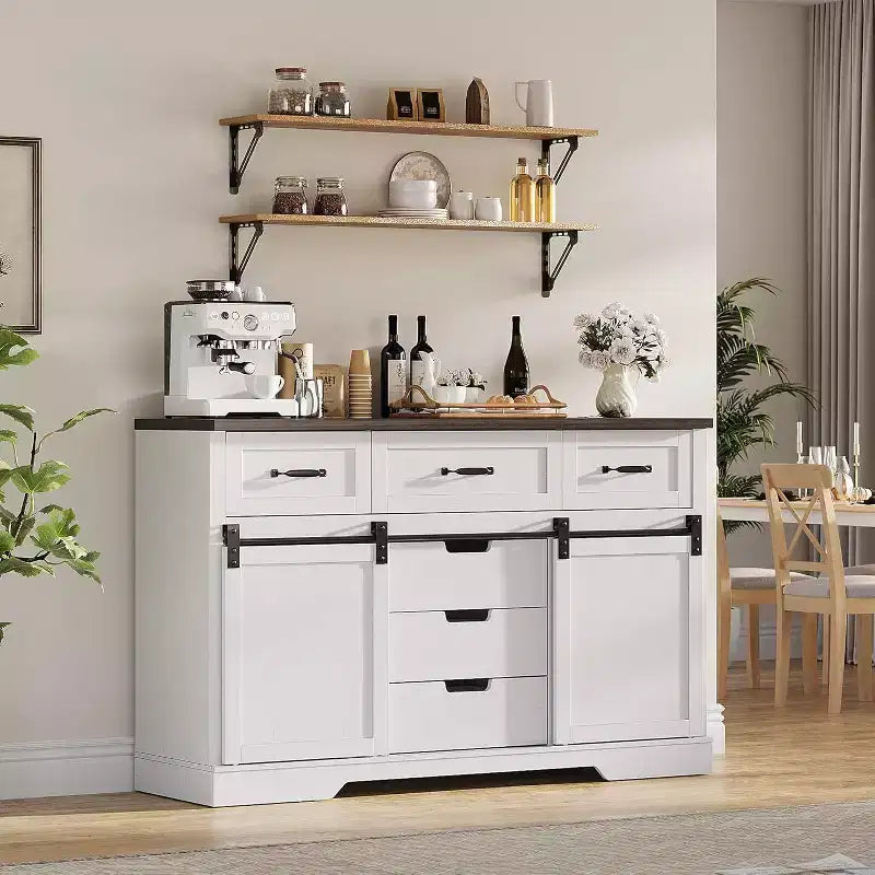 Commode 6 tiroirs blanc et marron avec portes coulissantes – 1 personne
