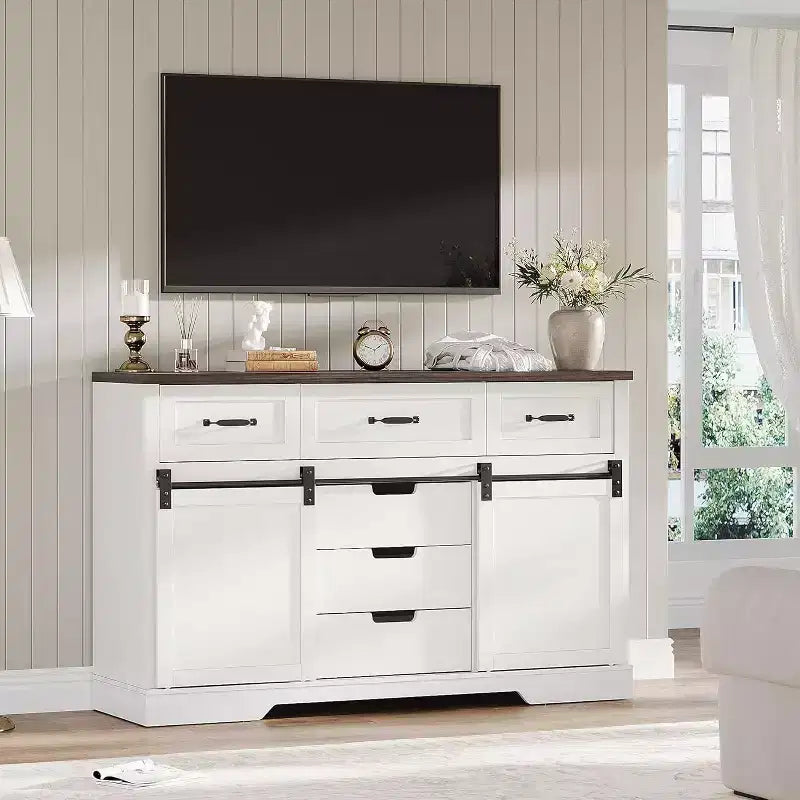 Commode 6 tiroirs blanc et marron avec portes coulissantes – 1 personne