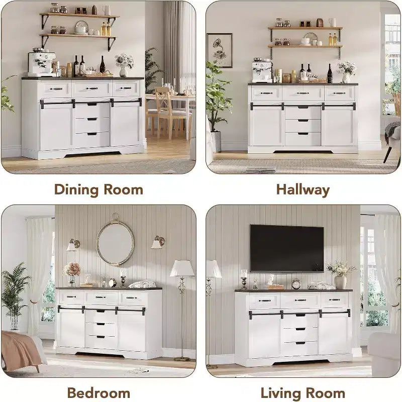 Commode 6 tiroirs blanc et marron avec portes coulissantes – 1 personne