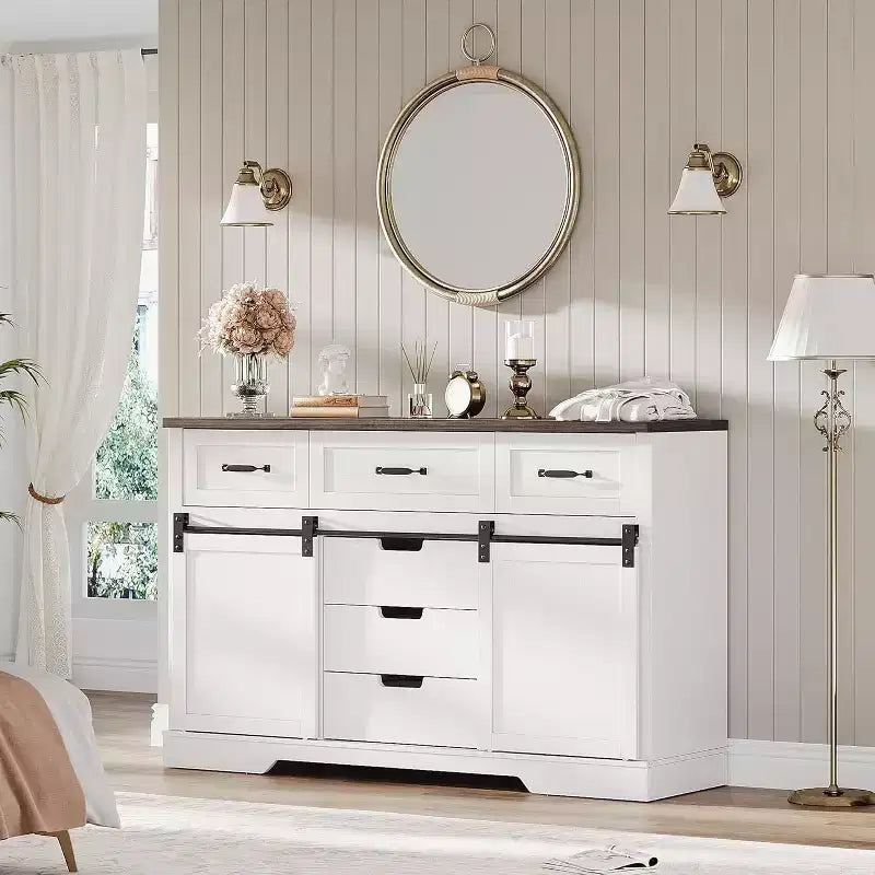 Commode 6 tiroirs blanc et marron avec portes coulissantes – 1 personne