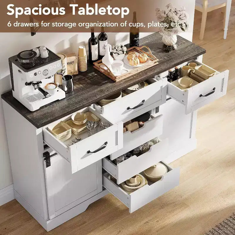 Commode 6 tiroirs blanc et marron avec portes coulissantes – 1 personne