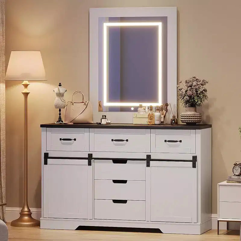 Commode 6 tiroirs blanc et marron avec portes coulissantes – 1 personne
