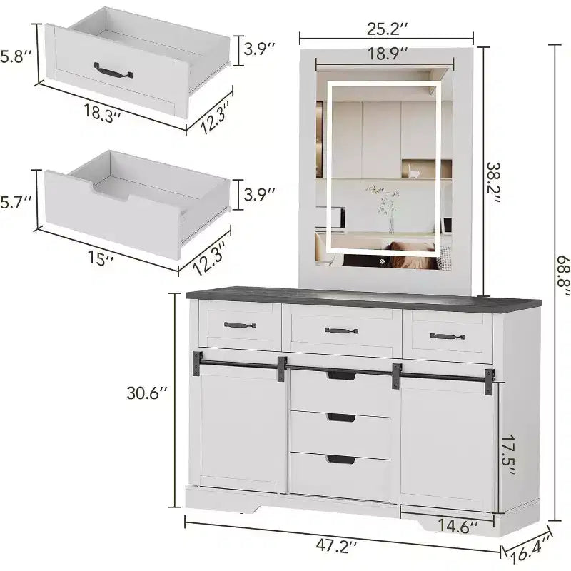 Commode 6 tiroirs blanc et marron avec portes coulissantes – 1 personne