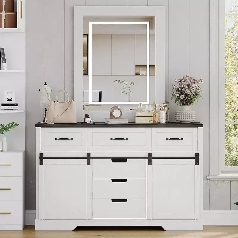 Commode 6 tiroirs blanc et marron avec portes coulissantes – 1 personne