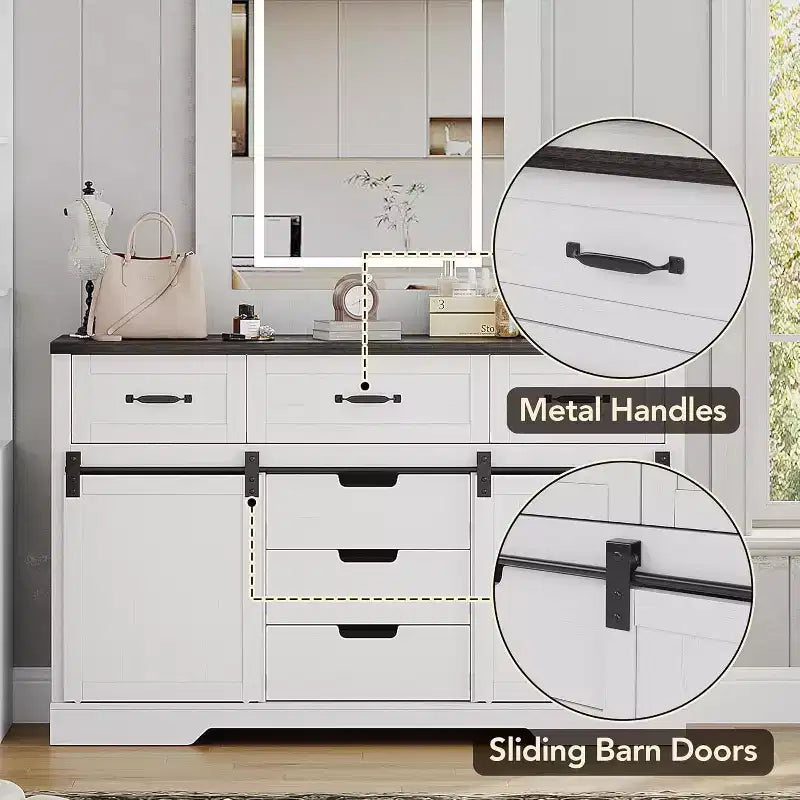 Commode 6 tiroirs blanc et marron avec portes coulissantes – 1 personne