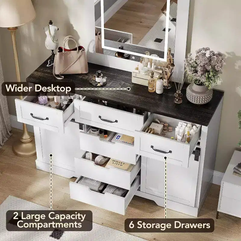 Commode 6 tiroirs blanc et marron avec portes coulissantes – 1 personne