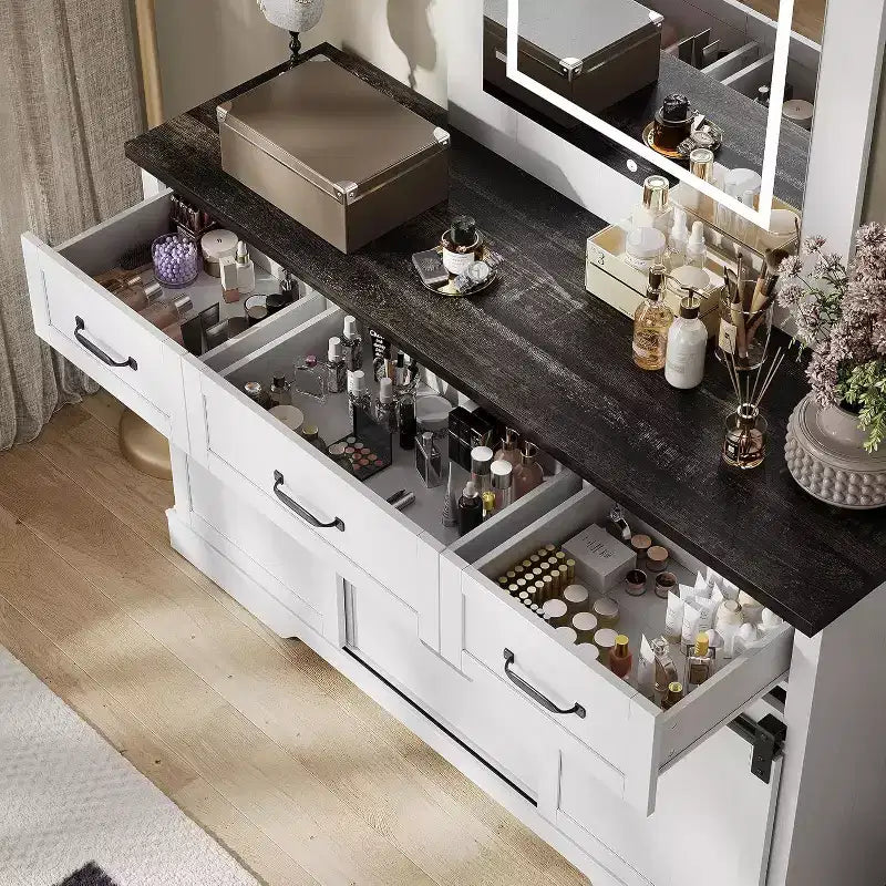 Commode 6 tiroirs blanc et marron avec portes coulissantes – 1 personne