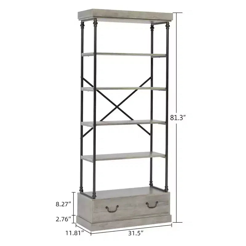 Étagère ouverte à 5 niveaux avec tiroir, Gris / Vintage, Cadre en métal, Pour 1