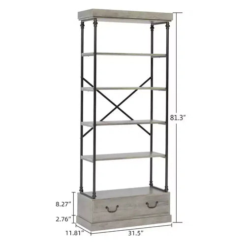 Étagère ouverte à 5 niveaux avec tiroir, Gris / Vintage, Cadre en métal, Pour 1