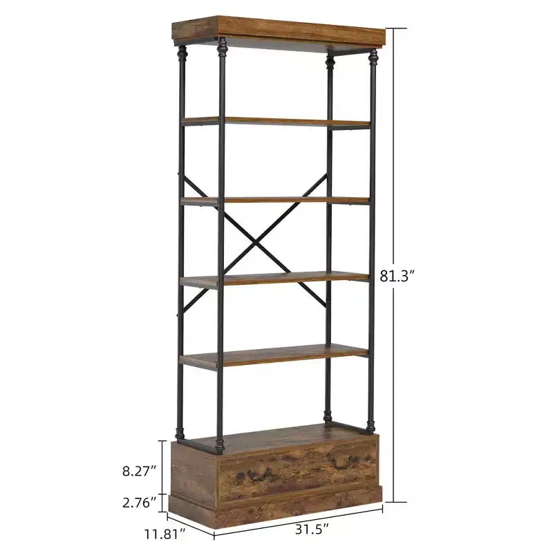 Étagère ouverte à 5 niveaux avec tiroir, Gris / Vintage, Cadre en métal, Pour 1