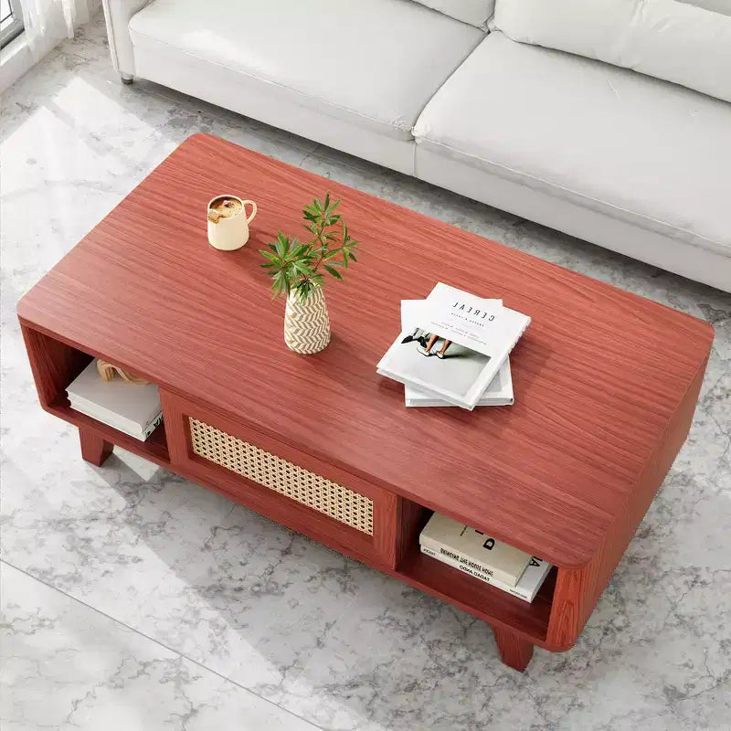 Table basse rectangulaire rouge avec tiroir en rotin, 1 place, 109 cm L