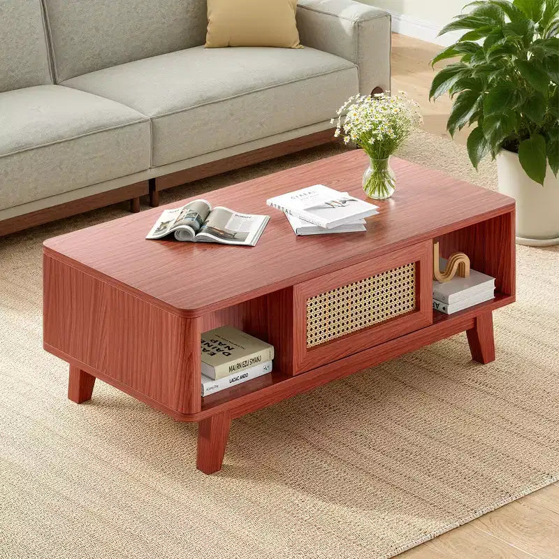 Table basse rectangulaire rouge avec tiroir en rotin, 1 place, 109 cm L