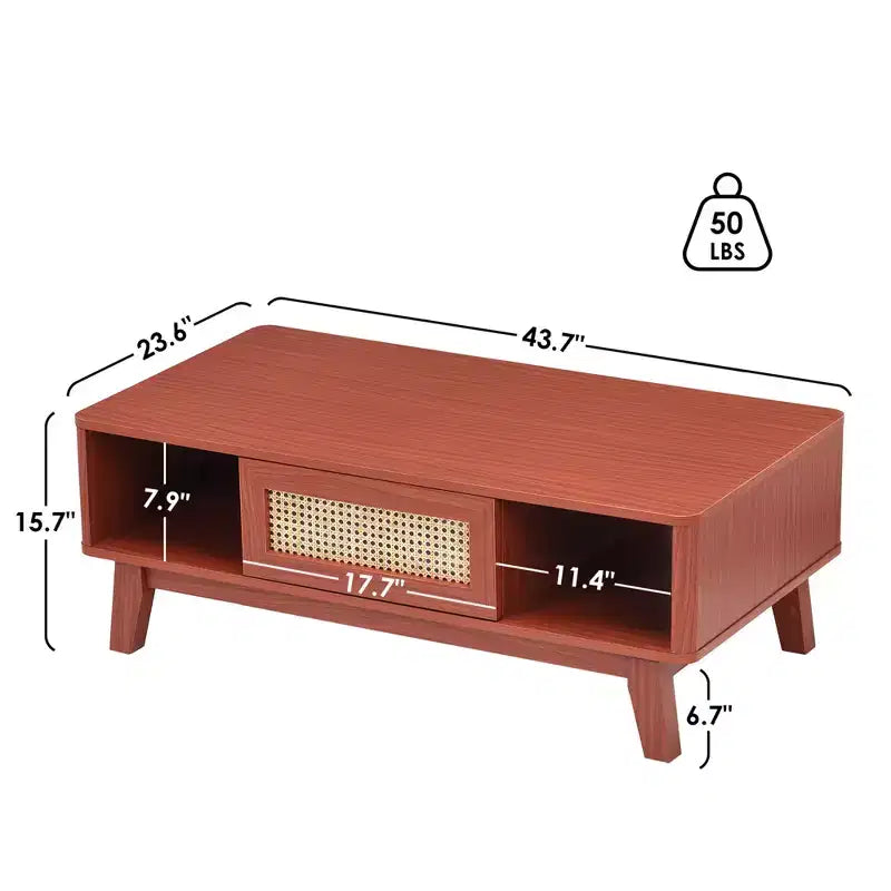 Table basse rectangulaire rouge avec tiroir en rotin, 1 place, 109 cm L