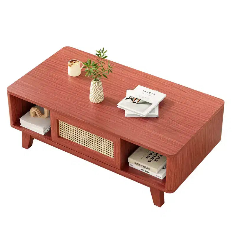 Table basse rectangulaire rouge avec tiroir en rotin, 1 place, 109 cm L