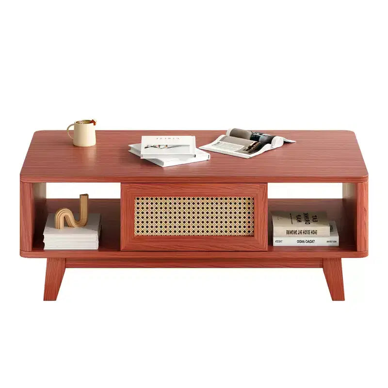 Table basse rectangulaire rouge avec tiroir en rotin, 1 place, 109 cm L