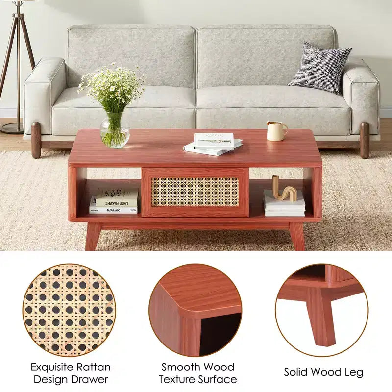 Table basse rectangulaire rouge avec tiroir en rotin, 1 place, 109 cm L