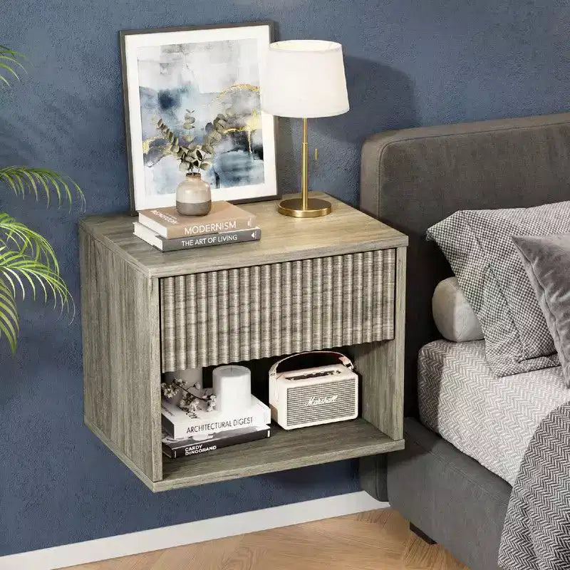 Table de chevet flottante grise avec tiroir et étagère – Lot de 2