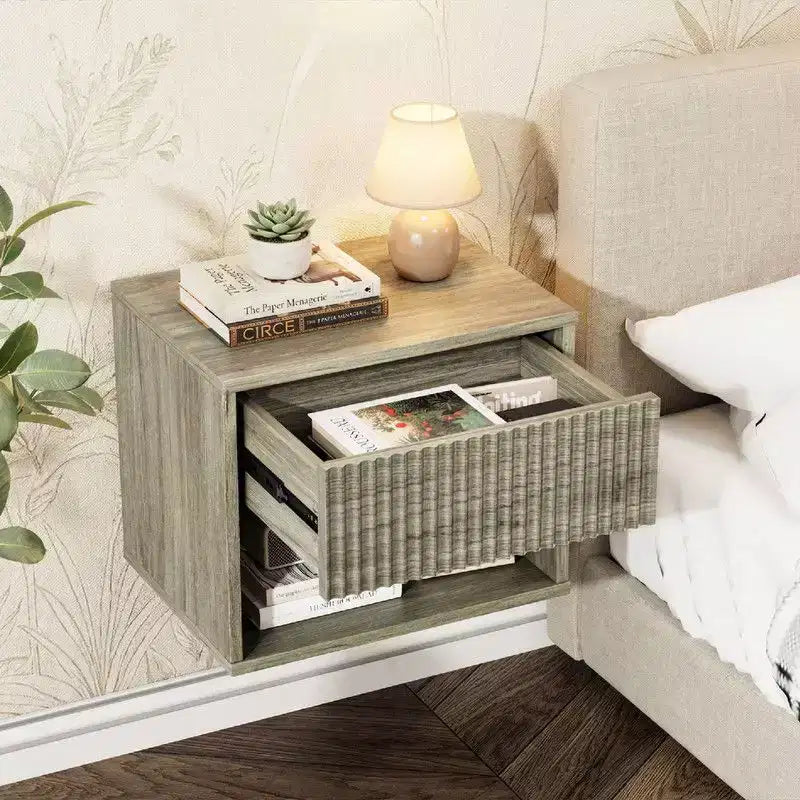 Table de chevet flottante grise avec tiroir et étagère – Lot de 2